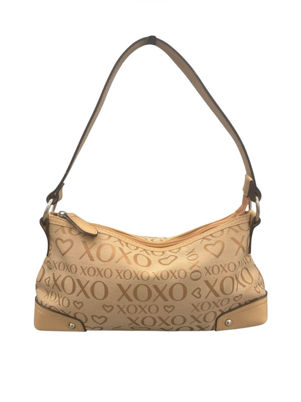 XOXO Beige Logo-Print Y2K Inspired Small Shoulder Bag